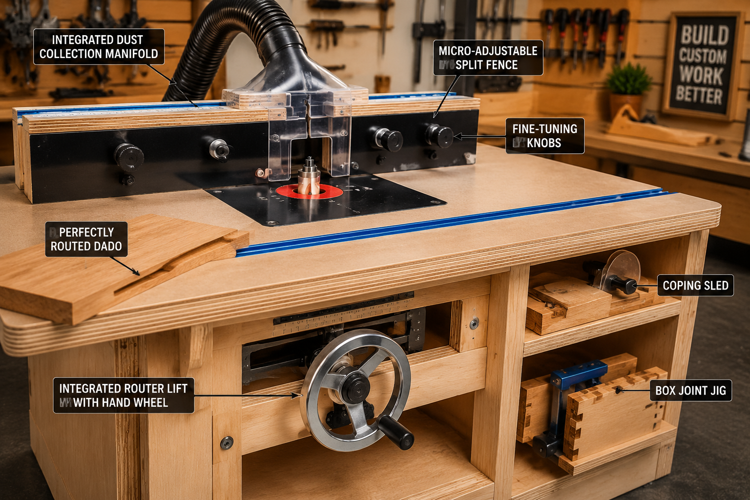 () image illustrating advanced custom features of a DIY router table, presented in a clean, organized workshop setting. The