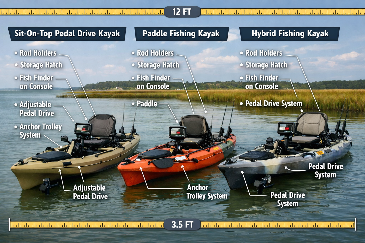 Detailed landscape image (1536x1024) showing side-by-side comparison of three different kayak types for inshore saltwater fishing: sit-on-to