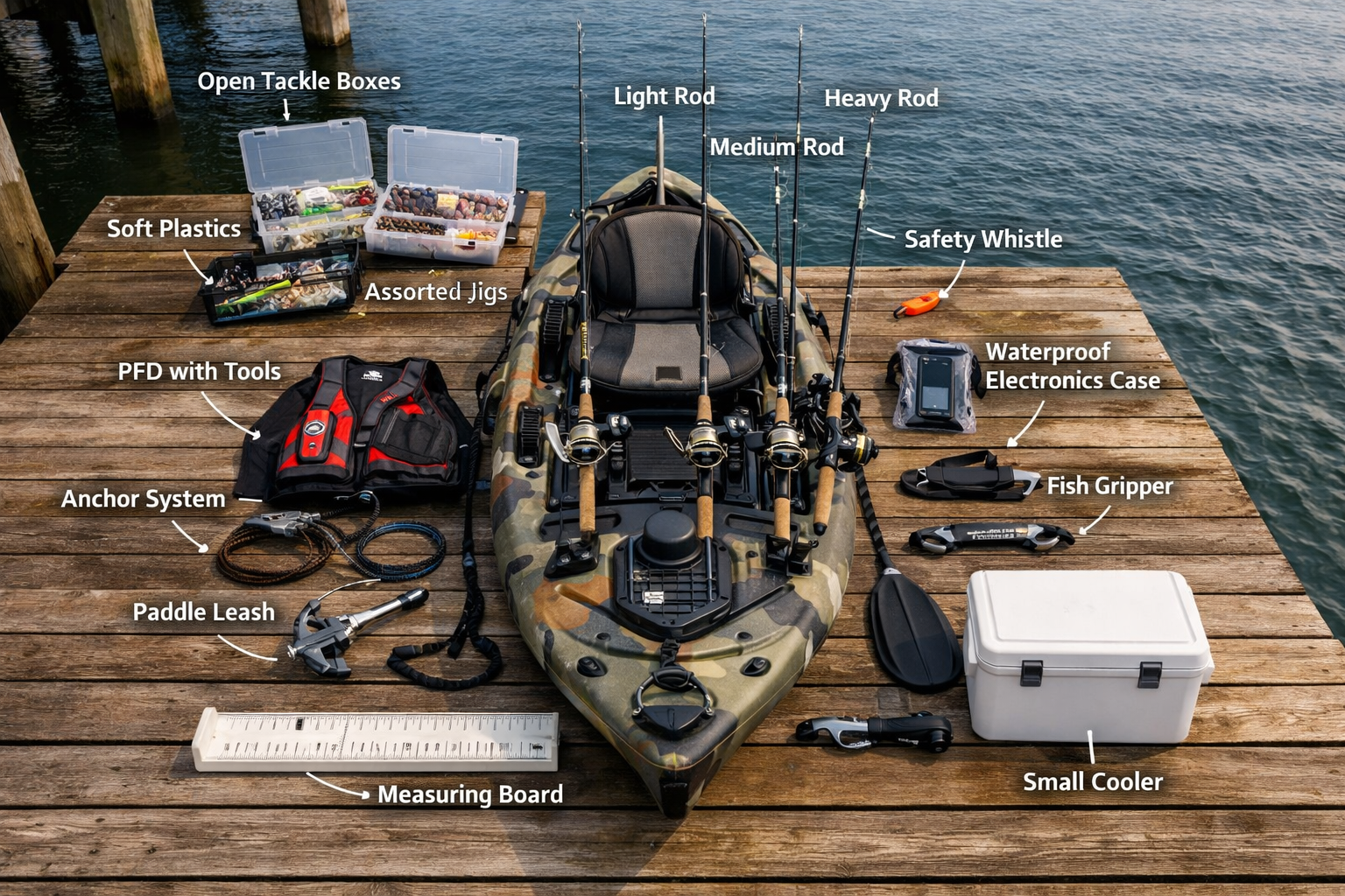High-quality landscape photograph (1536x1024) displaying complete inshore saltwater fishing kayak gear layout organized on wooden dock. Cent