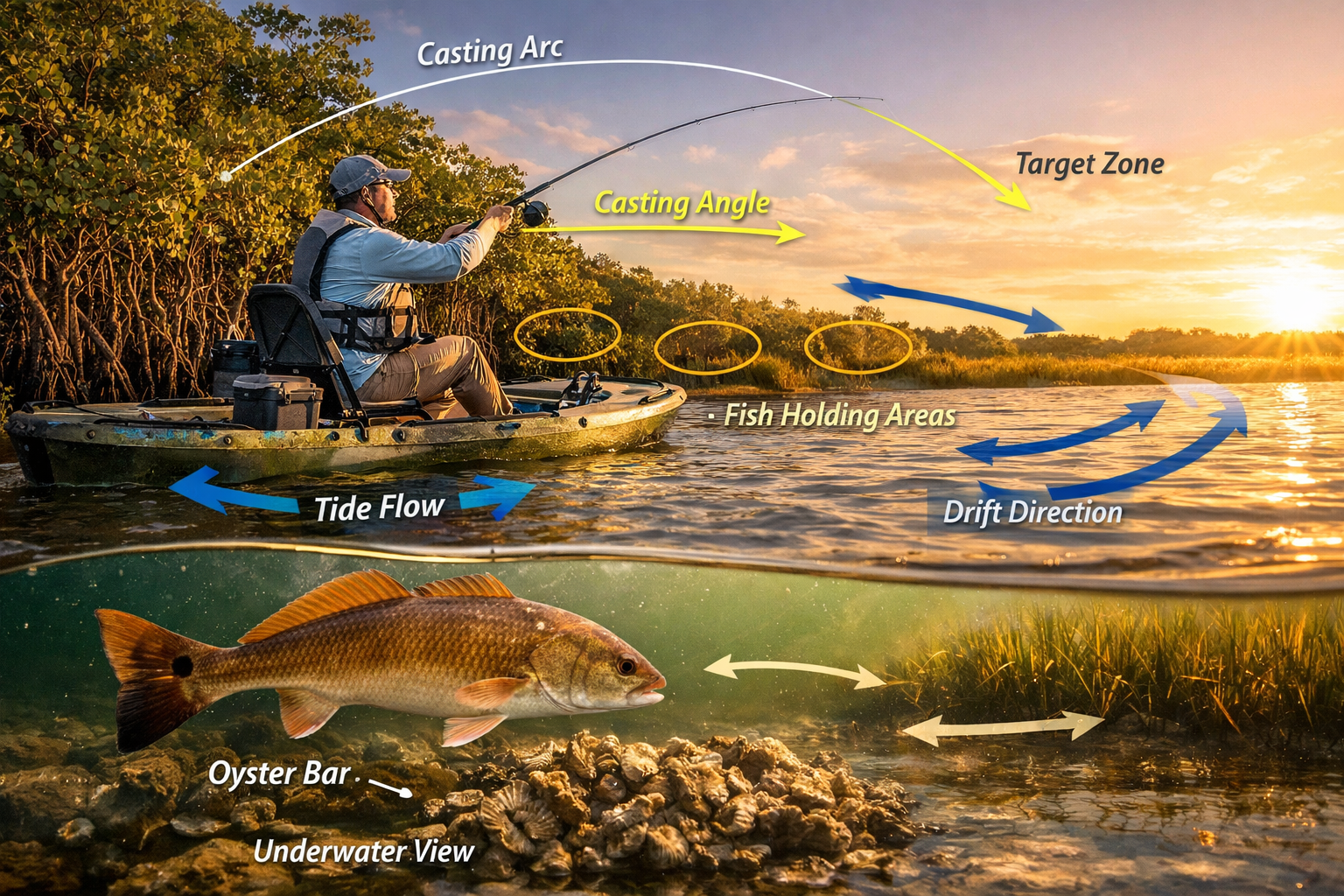 Detailed landscape action photograph (1536x1024) showing experienced kayak angler demonstrating proper inshore fishing technique from stable