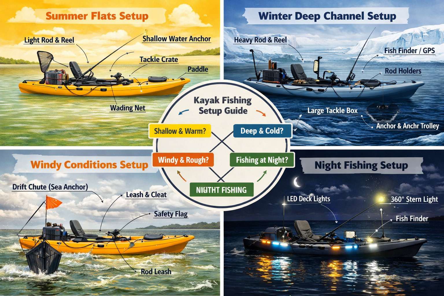 Comprehensive landscape infographic (1536x1024) displaying seasonal inshore kayak fishing setup variations across four quadrants representin
