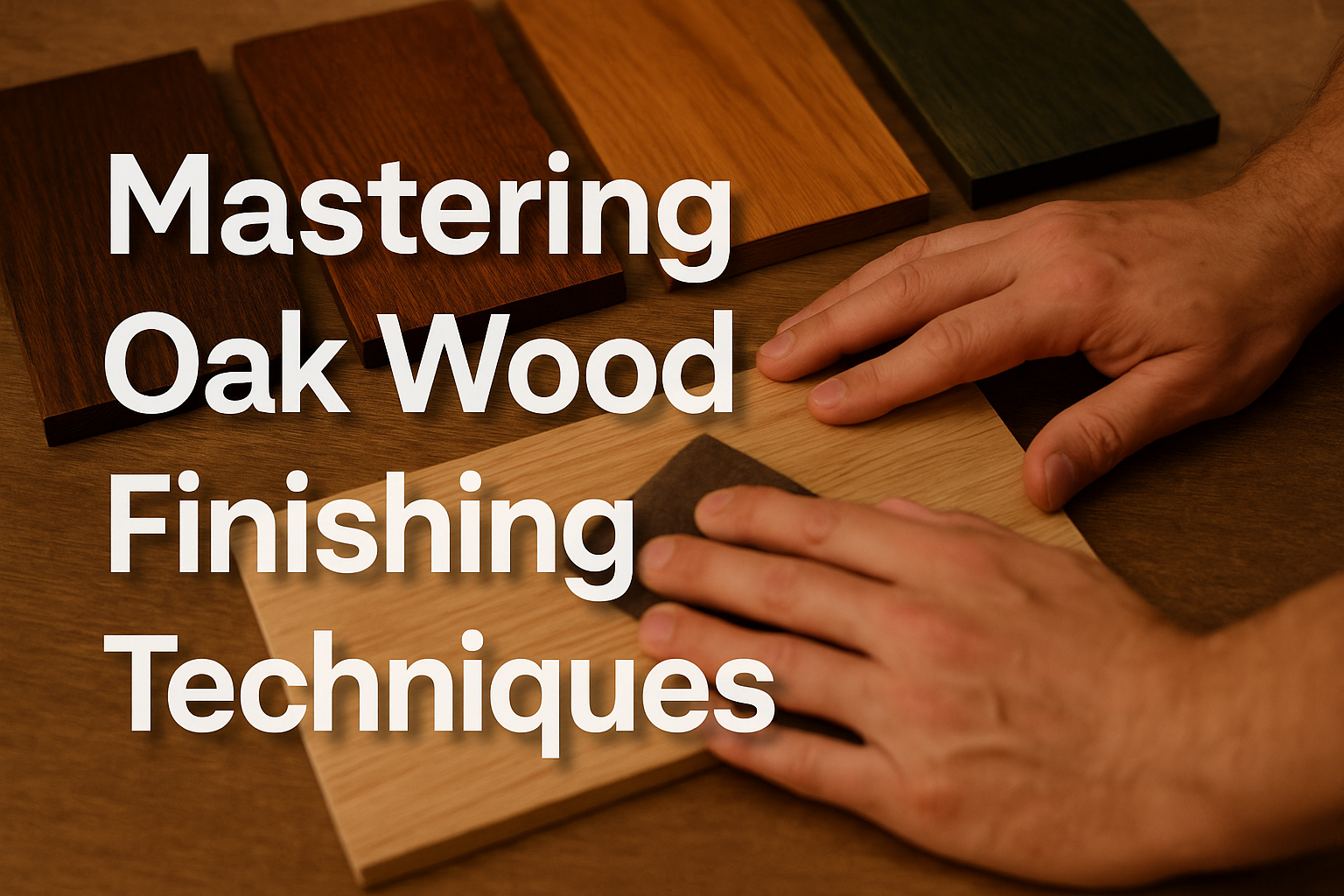 Professional landscape hero image (1536x1024) with bold text overlay: 'Mastering Oak Wood Finishing Techniques', modern sans-serif 72pt whit