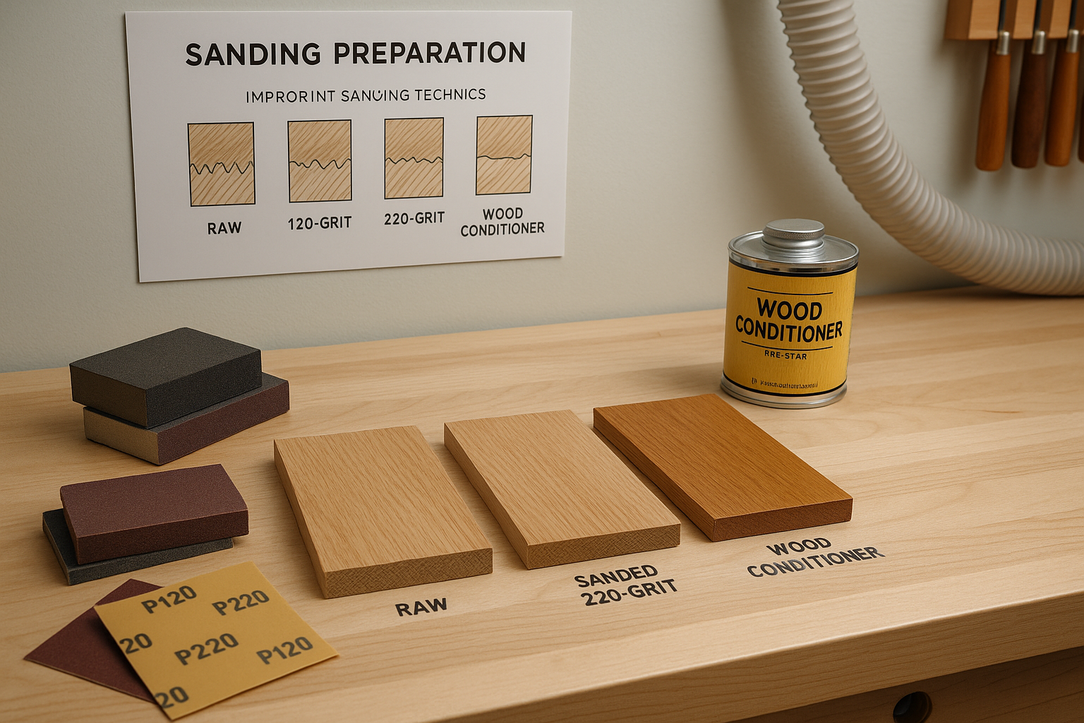 A detailed editorial-quality landscape image (1536x1024) showing a well-organized woodworking bench. In the foreground, various oak wood sam