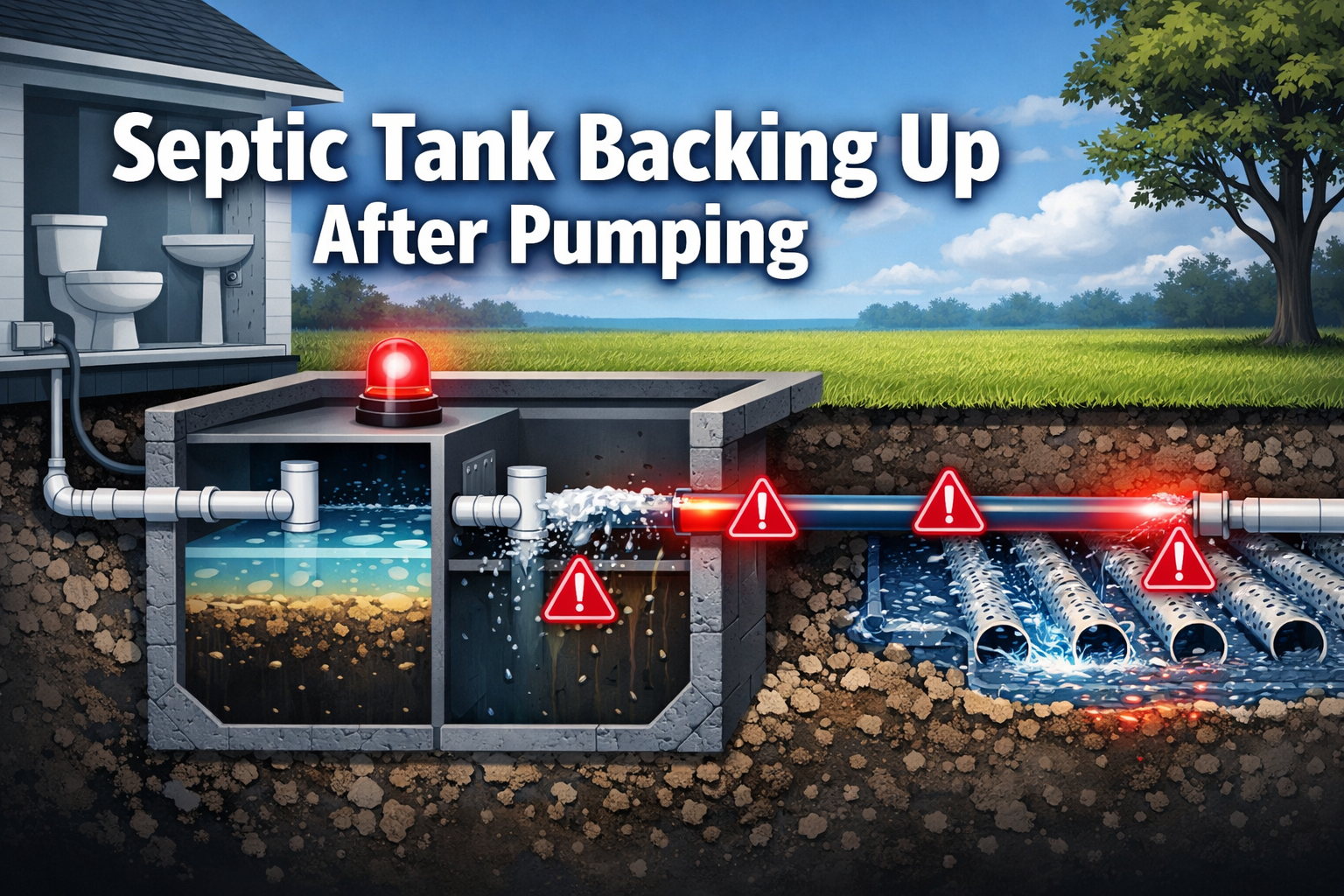 Professional landscape format (1536x1024) hero image with bold text overlay 'Septic Tank Backing Up After Pumping' in 72pt white sans-serif 
