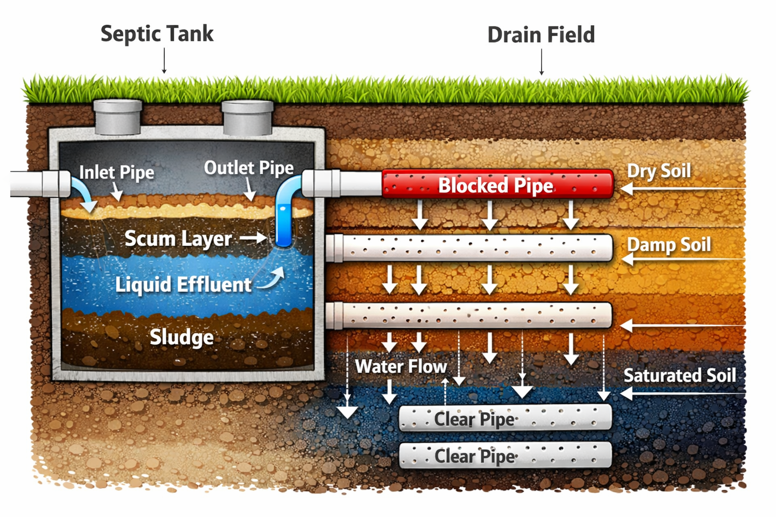 Portrait format (1024x1536) technical illustration showing septic tank cross-section with drain field pipes extending underground, soil satu