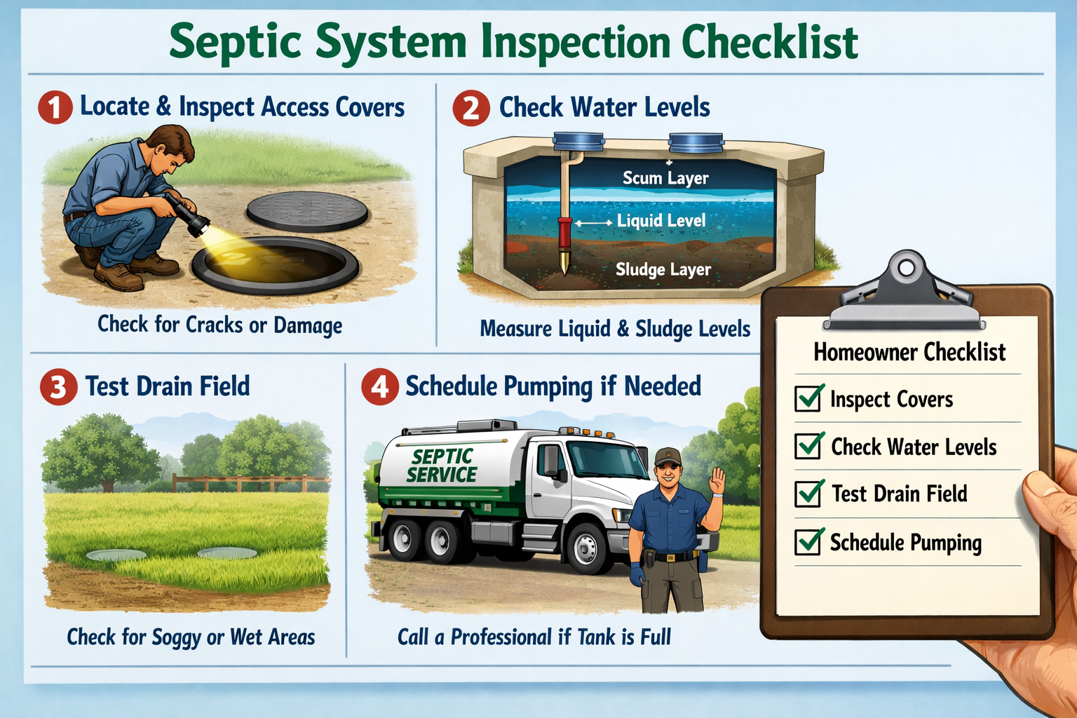 Step-by-step visual guide showing homeowner inspection checklist with clipboard, flashlight examining septic access covers, water level indi