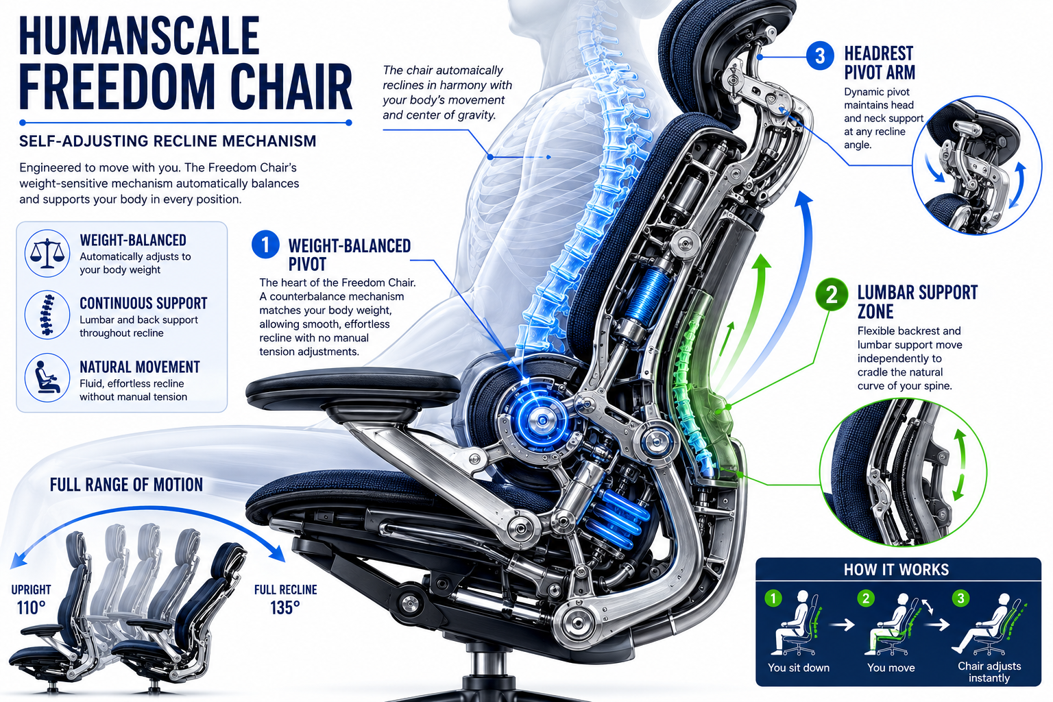 Humanscale Freedom Chair Review Detailed landscape format (1536x1024) showing a close-up cross-section diagram of the Humanscale Freedom Chair's self-adjusting recline mechanism, illustrated with labeled arrows pointing to the weight-balanced pivot, lumbar support zone, and headrest pivot arm, clean white background with technical blueprint aesthetic, navy blue and silver color palette, professional ergonomic engineering illustration style, crisp typography labels, editorial infographic quality