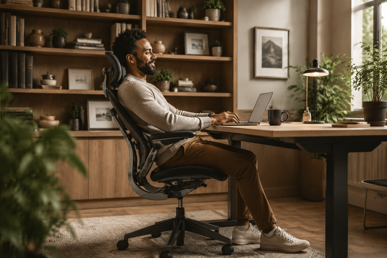 Humanscale Freedom Office Chair Landscape format (1536x1024) showing a diverse professional using a Humanscale Freedom Chair with headrest in a warm home office setting, bookshelves and plants in background, person seated in natural reclined posture with laptop on height-adjustable desk, soft ambient lighting, lifestyle photography style, warm neutrals and wood tones, conveying long-term comfort and wellness, editorial quality, candid productive atmosphere Does the Humanscale Freedom Chair Work for Home Office or Just Corporate Settings
