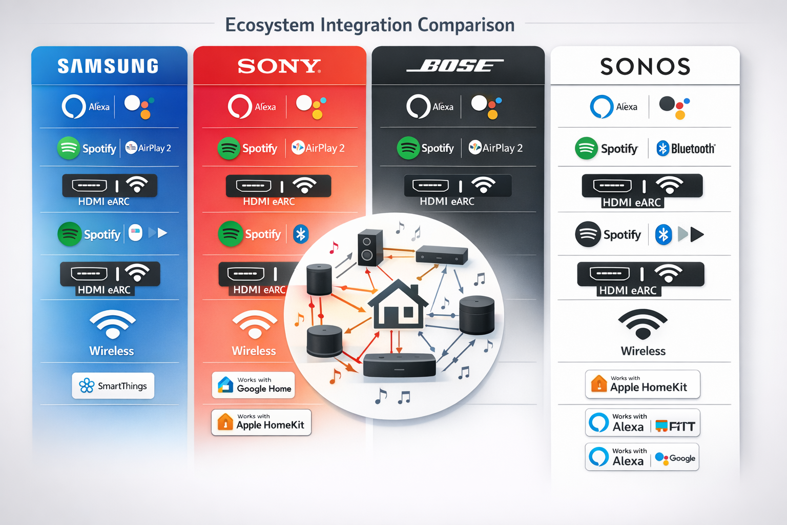 Detailed landscape format (1536x1024) infographic showing ecosystem integration comparison with four columns representing Samsung, Sony, Bos