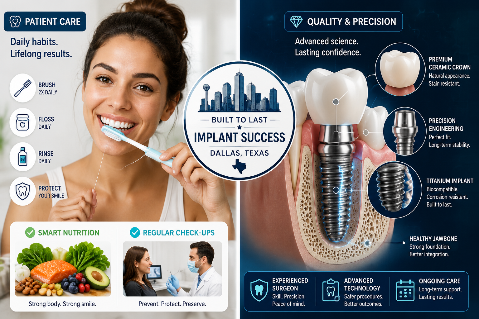 Detailed () image illustrating various factors influencing dental implant longevity, specifically for patients in Dallas.