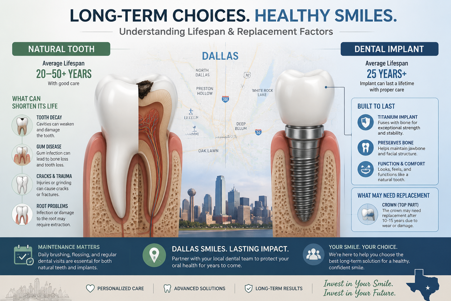 Detailed () image illustrating the comparison between natural teeth and dental implants in terms of expected lifespan and