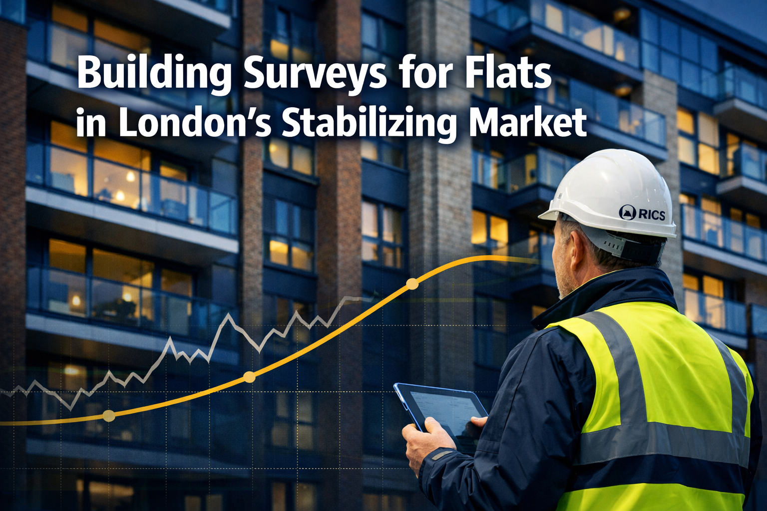 Professional landscape format (1536x1024) editorial hero image with bold text overlay 'Building Surveys for Flats in London's Stabilizing Ma