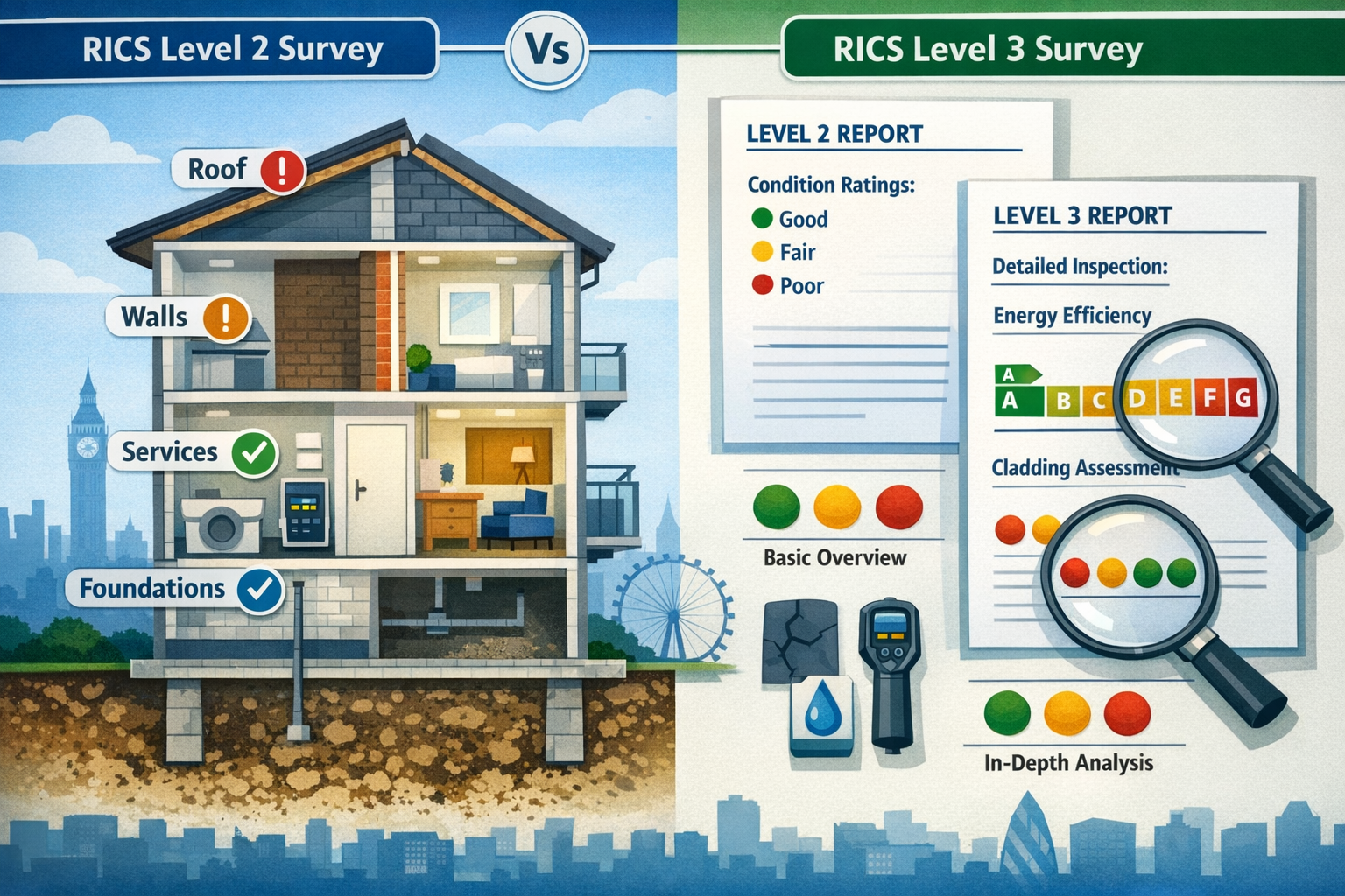 Landscape format (1536x1024) detailed illustration showing RICS Level 2 and Level 3 survey comparison chart for London flats, split-screen c
