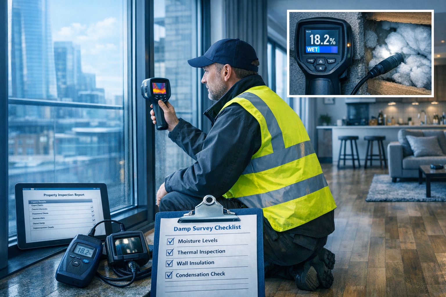 Landscape format (1536x1024) professional photograph of surveyor conducting flat inspection in contemporary London apartment, inspector usin