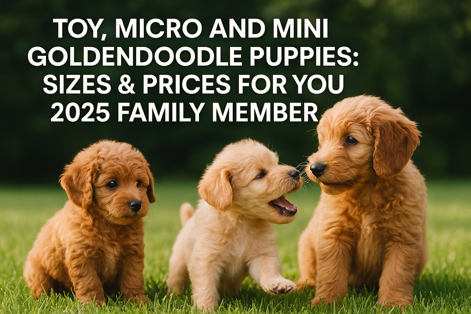 Professional landscape hero image (1536x1024) with bold text overlay: 'Toy, Micro and Mini Goldendoodle Puppies: Sizes & Prices for Your 202