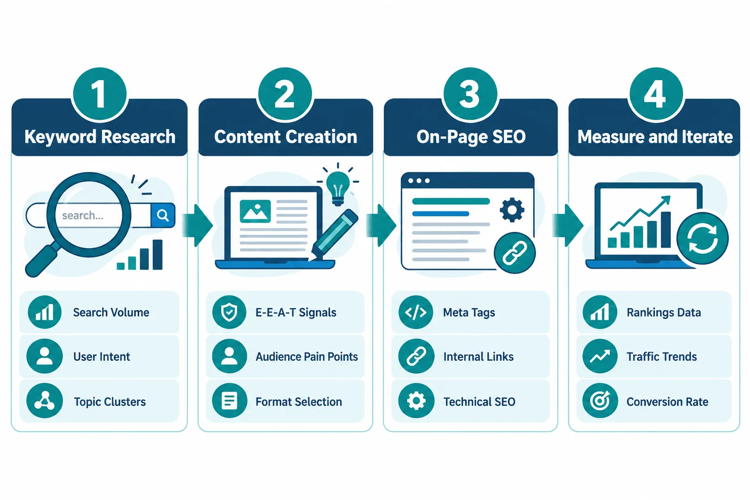 Numbered step-by-step process flow diagram for SEO and content strategy stages, landscape format 1536x1024. Four horizontal stages connected by arrows: Stage 1 labeled 'Keyword Research' showing a magnifying glass icon over a search bar with 3 bullet callouts: 'Search Volume', 'User Intent', 'Topic Clusters'. Stage 2 labeled 'Content Creation' with callouts: 'E-E-A-T Signals', 'Audience Pain Points', 'Format Selection'. Stage 3 labeled 'On-Page SEO' with callouts: 'Meta Tags', 'Internal Links', 'Technical SEO'. Stage 4 labeled 'Measure and Iterate' with callouts: 'Rankings Data', 'Traffic Trends', 'Conversion Rate'. Clean white background, teal and navy palette, bold sans-serif labels, editorial infographic style, no prices or checkmark grids. What Is SEO and Content Strategy?