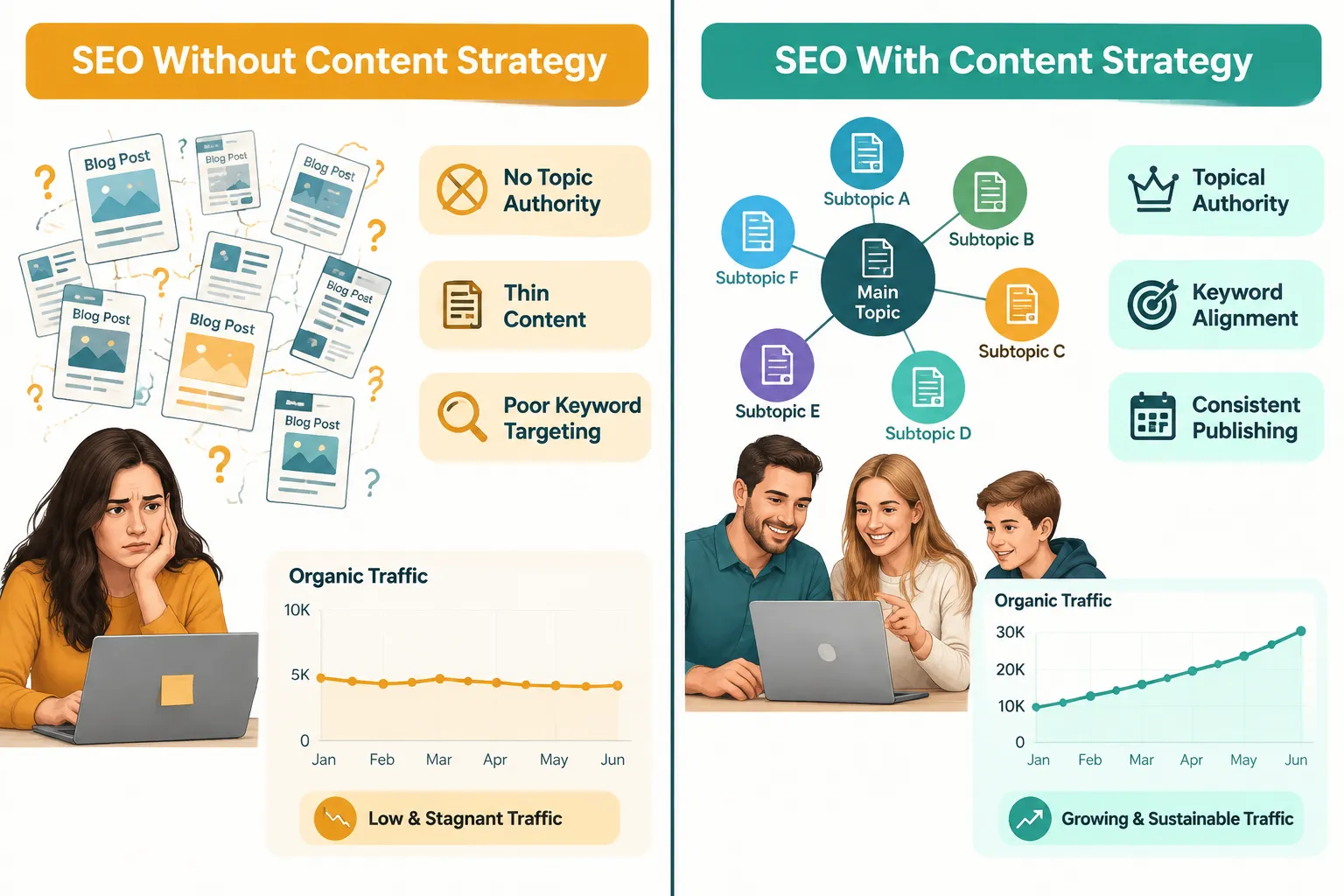 Split-screen annotated comparison diagram landscape format 1536x1024. Left panel labeled 'SEO Without Content Strategy' showing a disorganized scatter of disconnected blog post icons, low traffic graph line trending flat, callouts: 'No Topic Authority', 'Thin Content', 'Poor Keyword Targeting'. Right panel labeled 'SEO With Content Strategy' showing a structured topic cluster hub-and-spoke diagram, rising traffic graph, callouts: 'Topical Authority', 'Keyword Alignment', 'Consistent Publishing'. Dividing line in center, warm amber and teal palette on white background, editorial infographic quality, bold panel headings, 5% safe margin labels. Stage II: Content Creation and Optimization