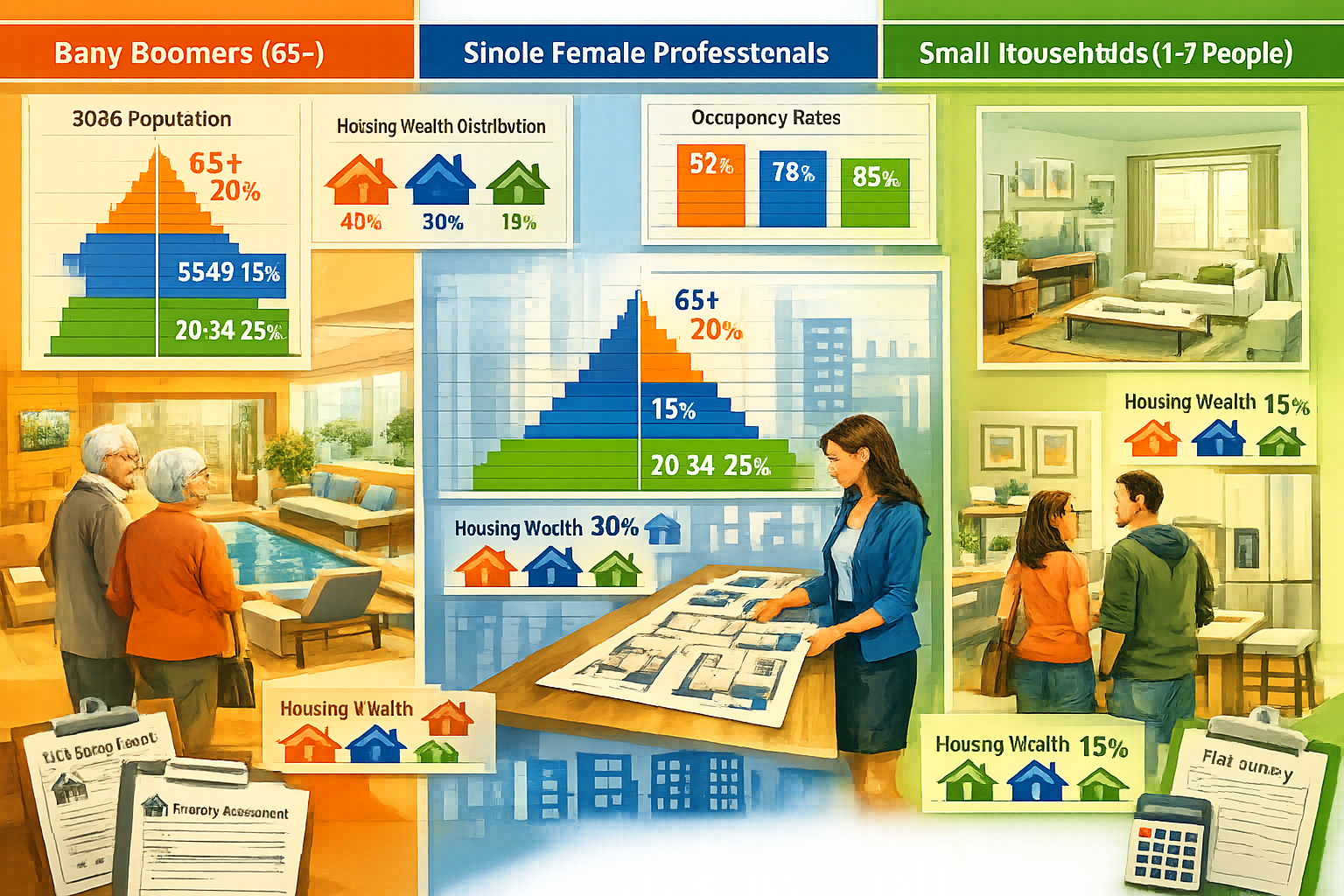 Detailed landscape format (1536x1024) image showing demographic shift visualization with three distinct sections: baby boomers (age 65+) exa