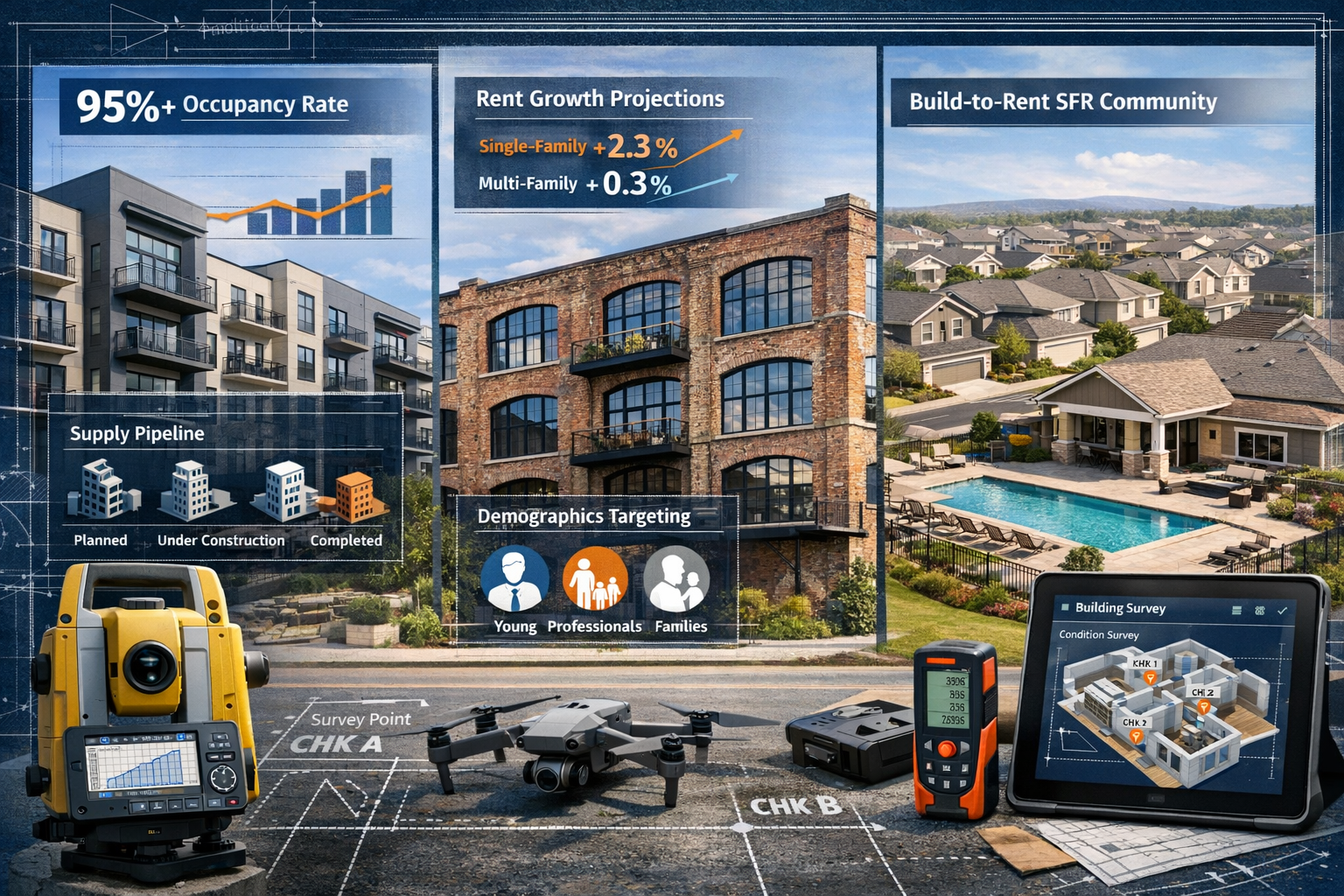 Detailed landscape format (1536x1024) image depicting three property types side-by-side: left shows modern multifamily apartment complex wit