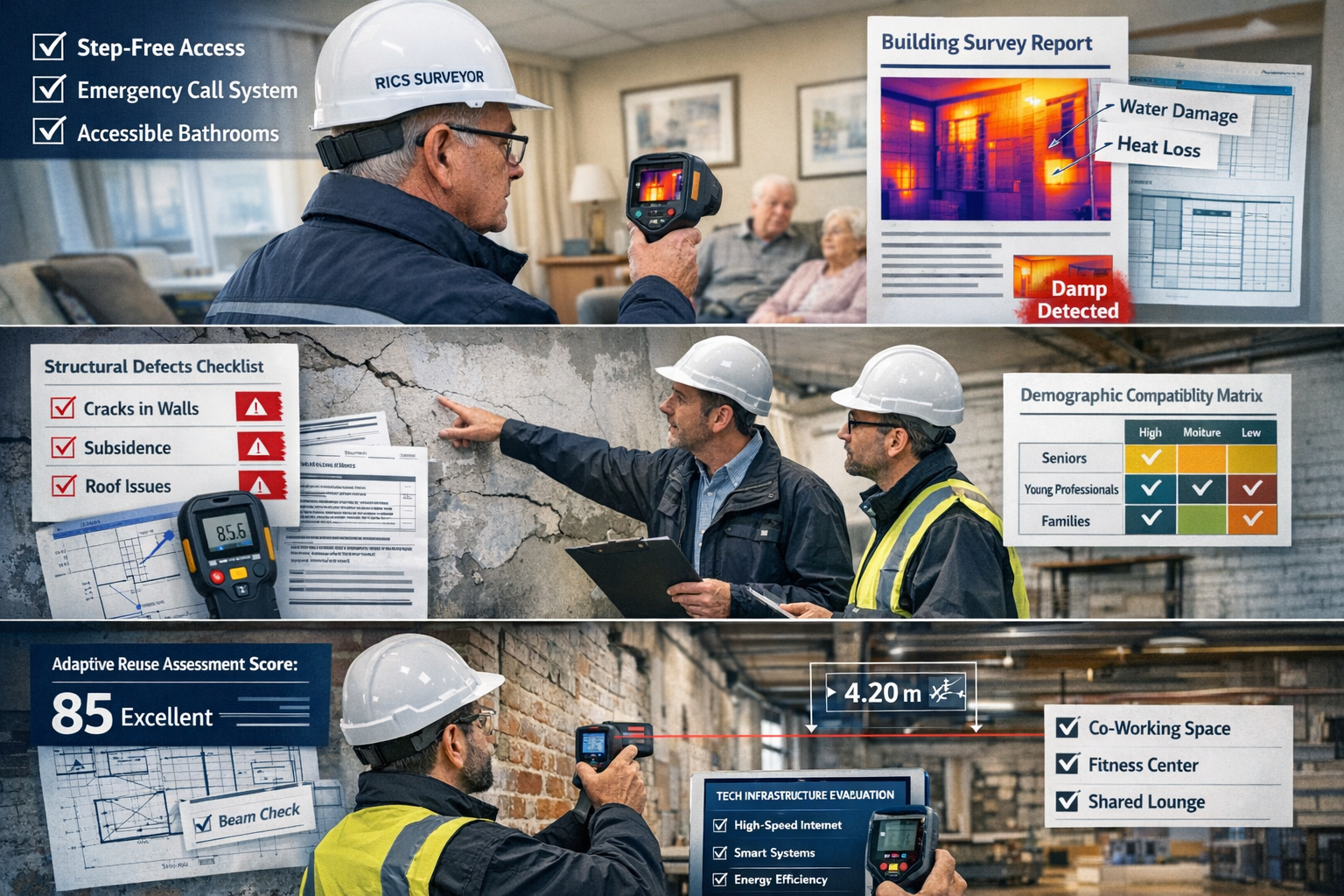 Detailed landscape format (1536x1024) image showing surveying assessment process for niche market properties: top section displays chartered