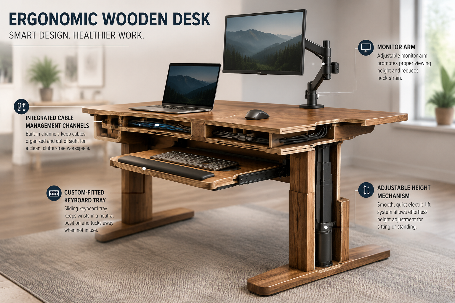 Detailed () image featuring an intricate 3D cross-section diagram of an ergonomic wooden desk. The diagram highlights