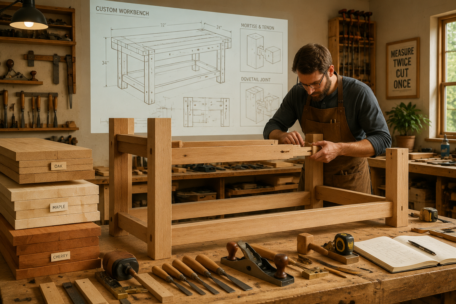 Detailed () image showcasing a woodworking shop with a craftsman meticulously assembling a custom wooden workbench. The