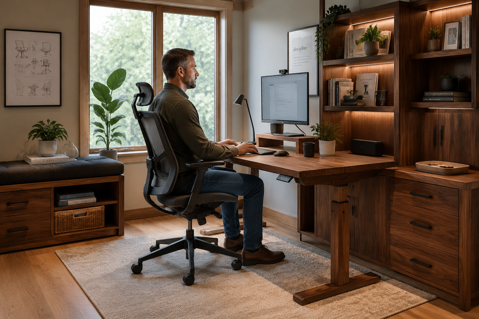 Detailed () image of a beautifully finished custom wooden workstation in use, capturing a moment of productivity. A person