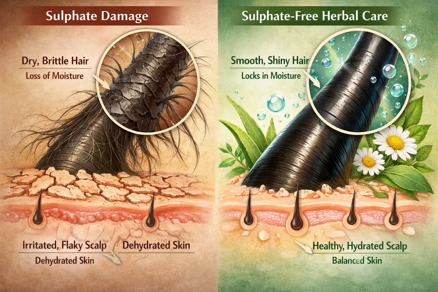 Landscape format (1536x1024) image illustrating the contrast between hair washed with sulphate shampoos and hair washed with sulphate-free h