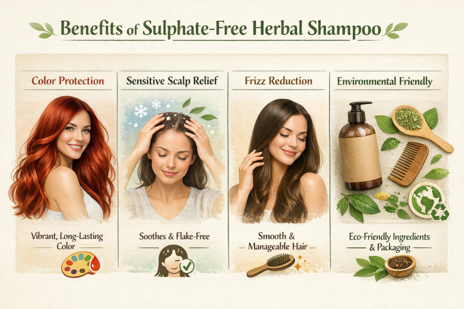 Landscape format (1536x1024) infographic-style image detailing the key benefits of using sulphate-free herbal shampoo for different hair con