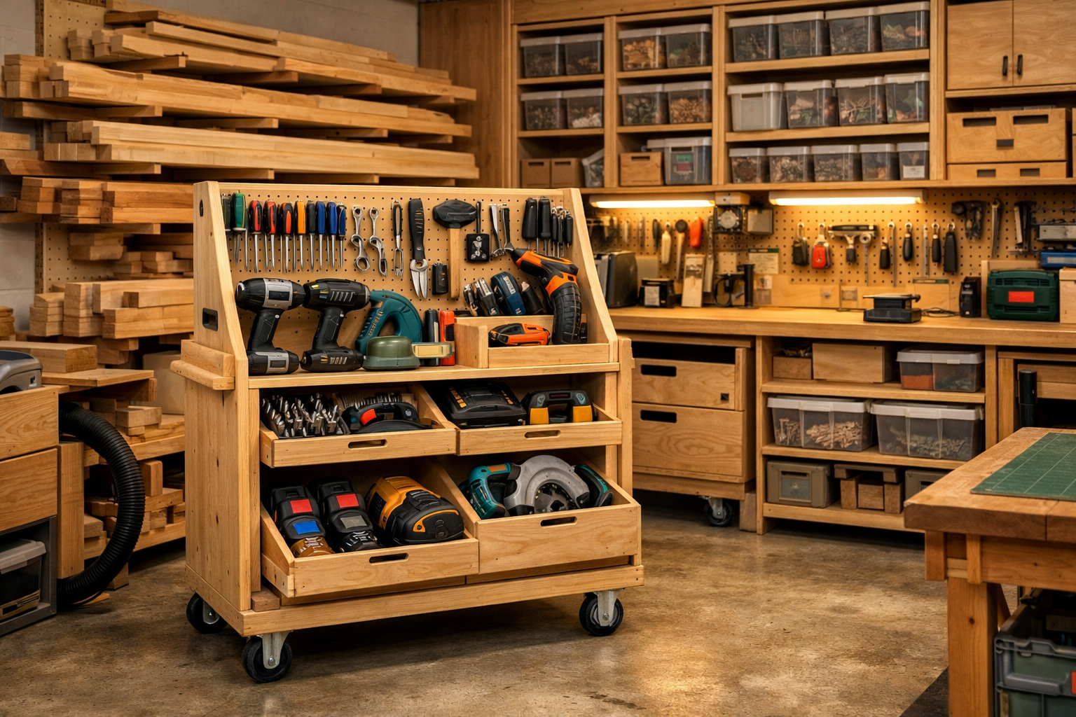 Detailed () image of a bustling small workshop featuring various modular plywood storage units. The foreground shows a