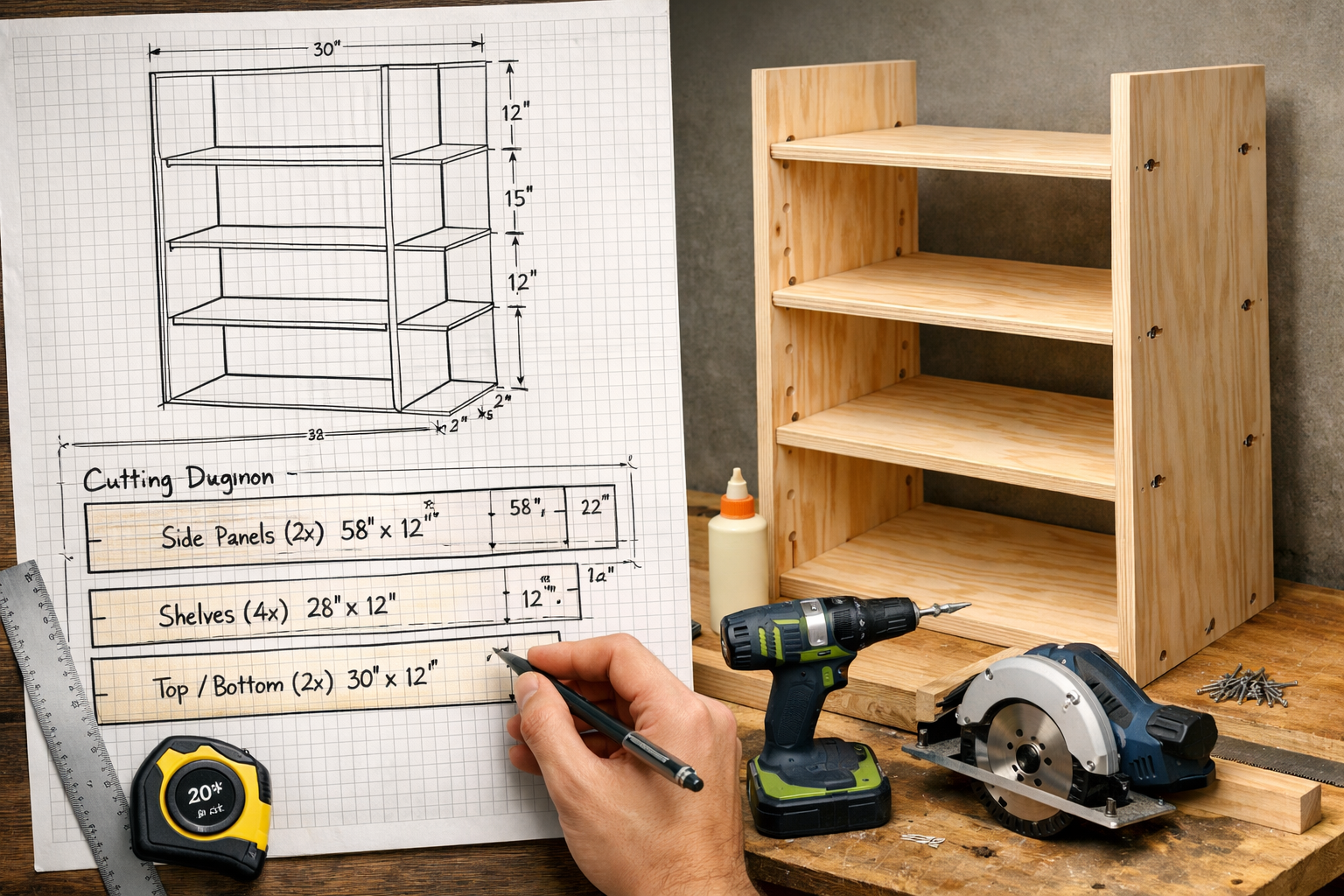 Detailed () image showcasing step-by-step plywood construction for a customizable shelving system. The image features a