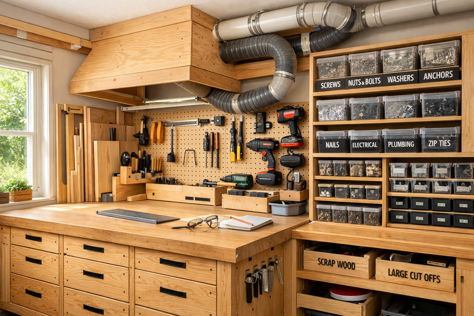 Detailed () image of a fully optimized small workshop, emphasizing practical organization and maintenance tips for DIY