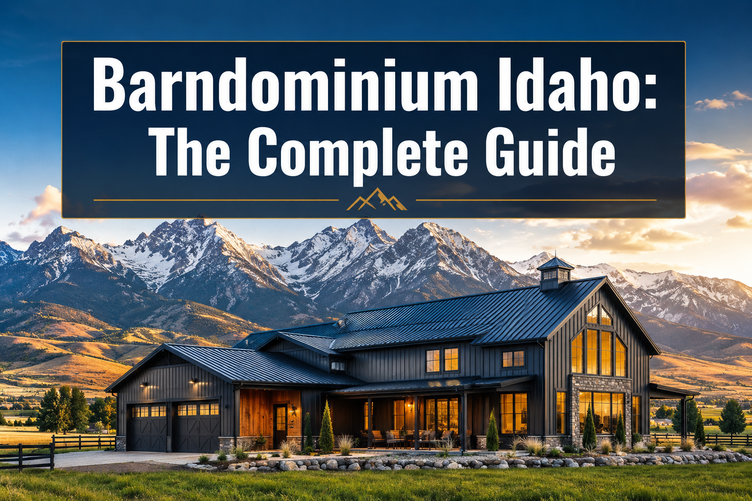 Professional () hero image with : 'Barndominium Idaho: The Complete Guide' in extra large white with dark semi-transparent