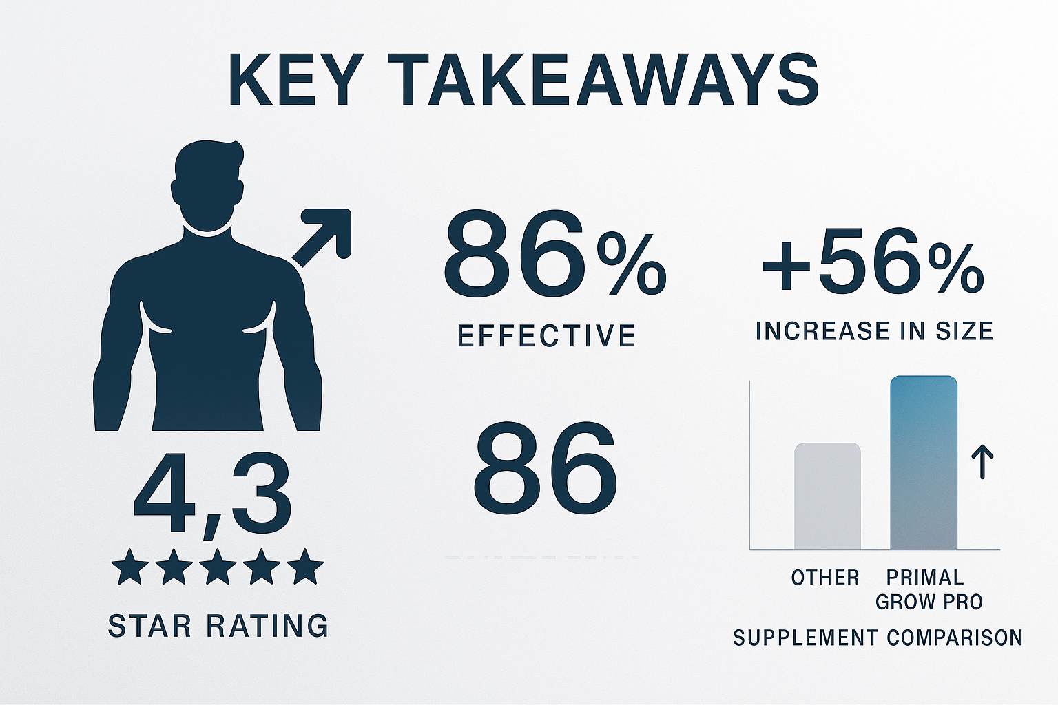 Infographic for 'Key Takeaways' section featuring a minimalist dashboard design with bold numerical highlights about Primal Grow Pro Reviews