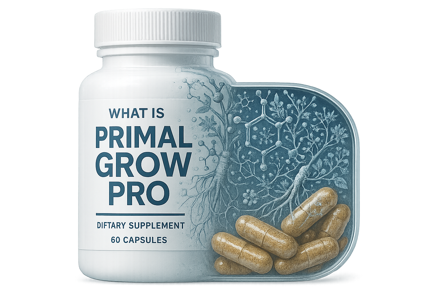 Detailed product visualization for 'What Is Primal Grow Pro?' section depicting supplement bottle against clinical white background, with tr