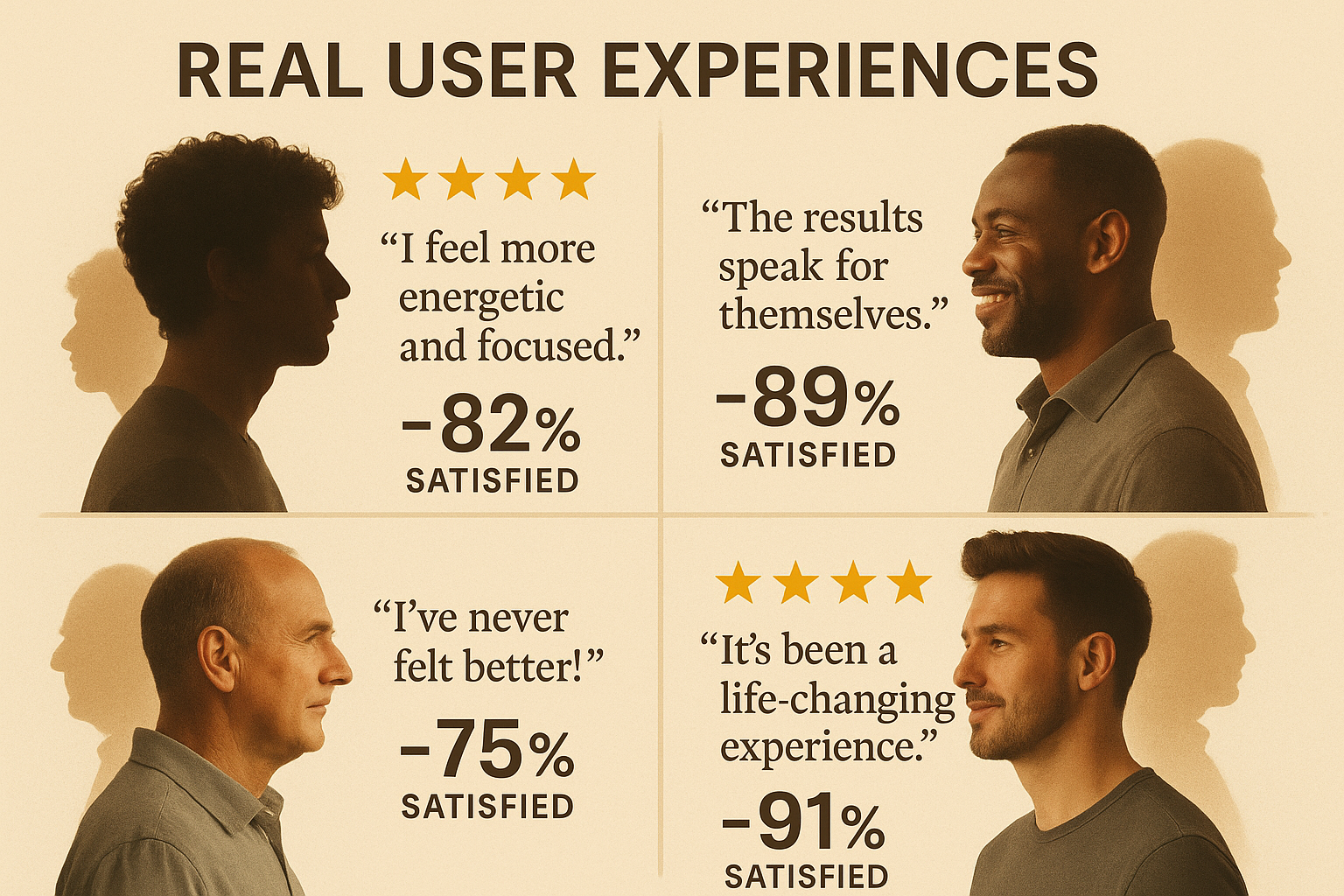 User experience testimonial collage for 'Real User Experiences' section featuring diverse male silhouettes representing different age groups