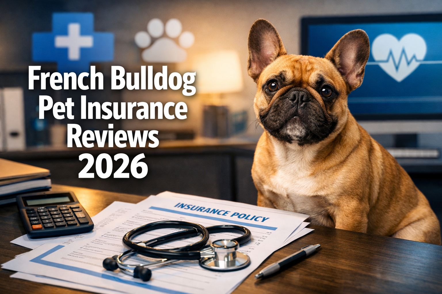 Professional landscape format (1536x1024) hero image featuring bold text overlay 'French Bulldog Pet Insurance Reviews 2026' in extra large