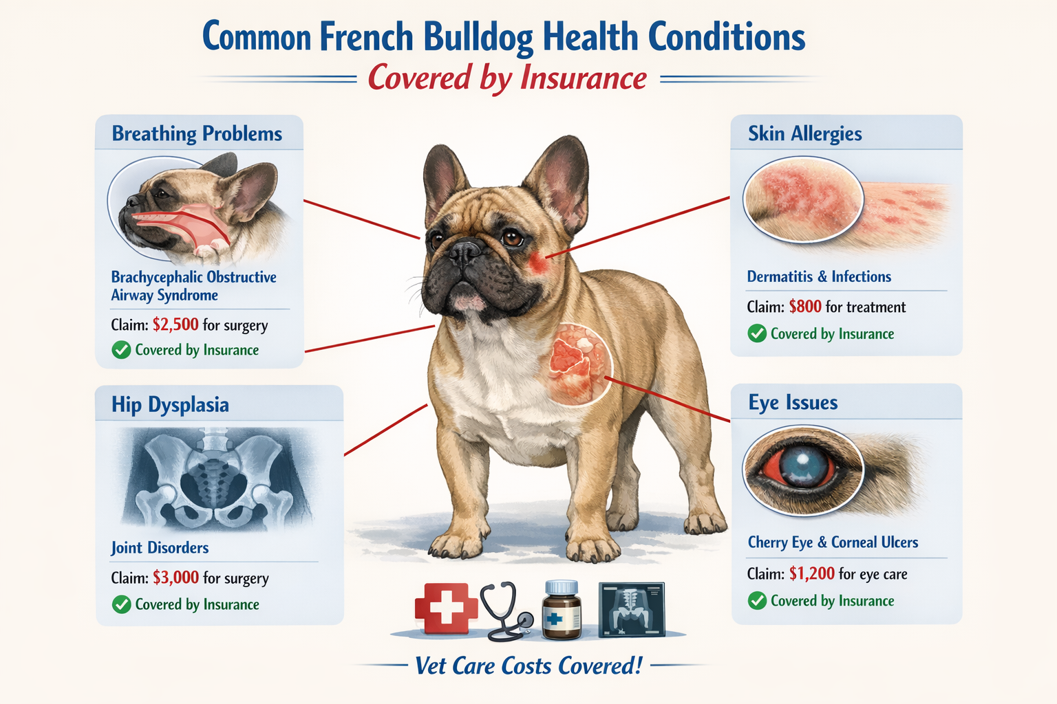 Portrait format (1024x1536) visual guide showing common French Bulldog health conditions covered by insurance including breathing problems,