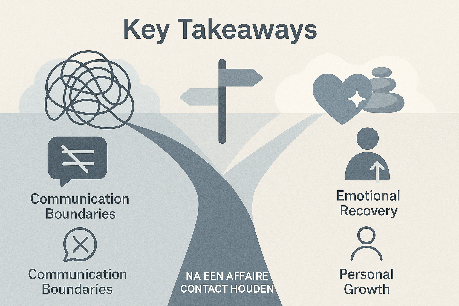 Infographic illustrating 'Key Takeaways' for na affaire contact houden, featuring a split-screen visual with two contrasting emotional lands