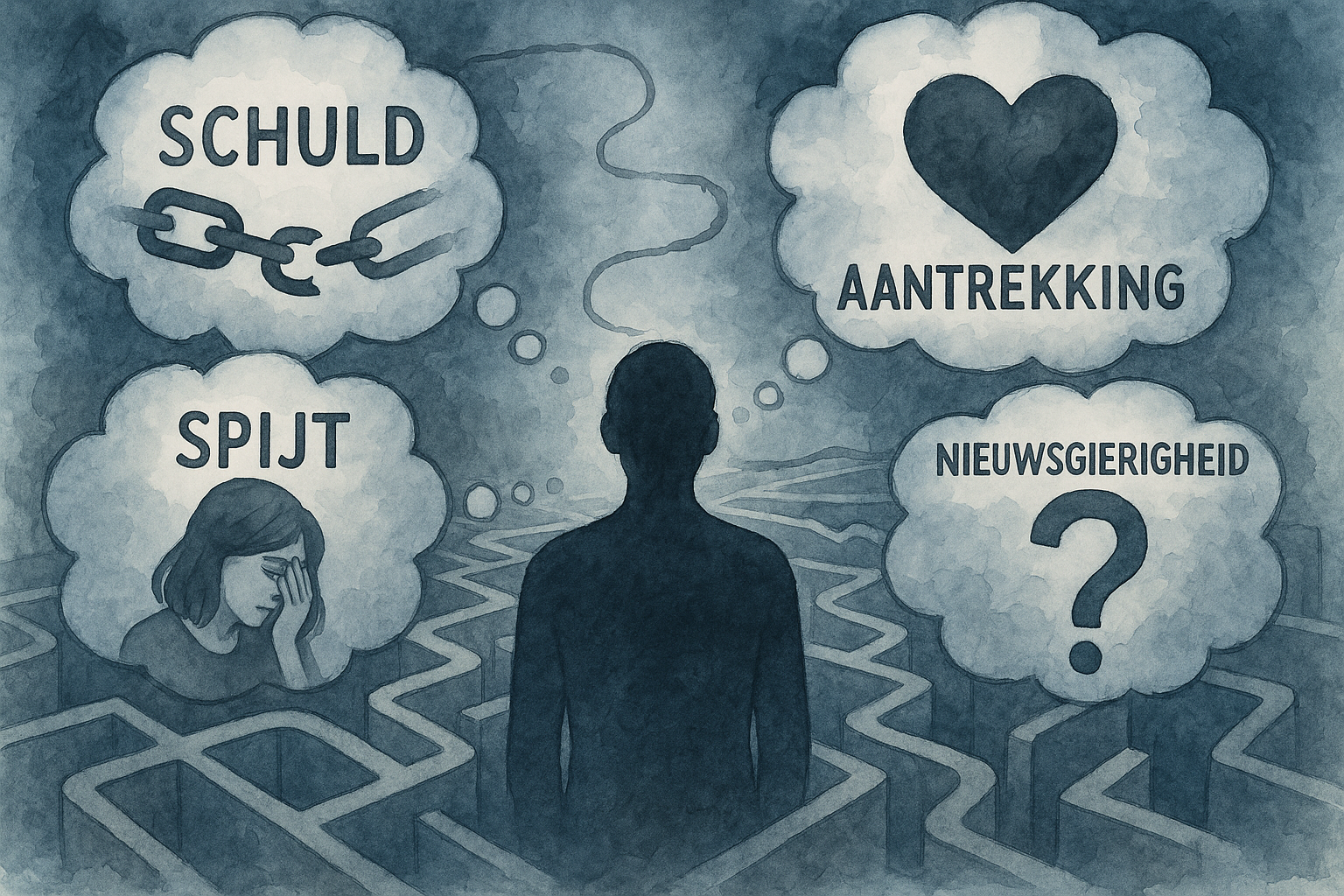 Conceptual illustration exploring 'Waarom de Vraag Na Affaire Contact Houden Zo Complex Is', depicting a intricate psychological maze repres