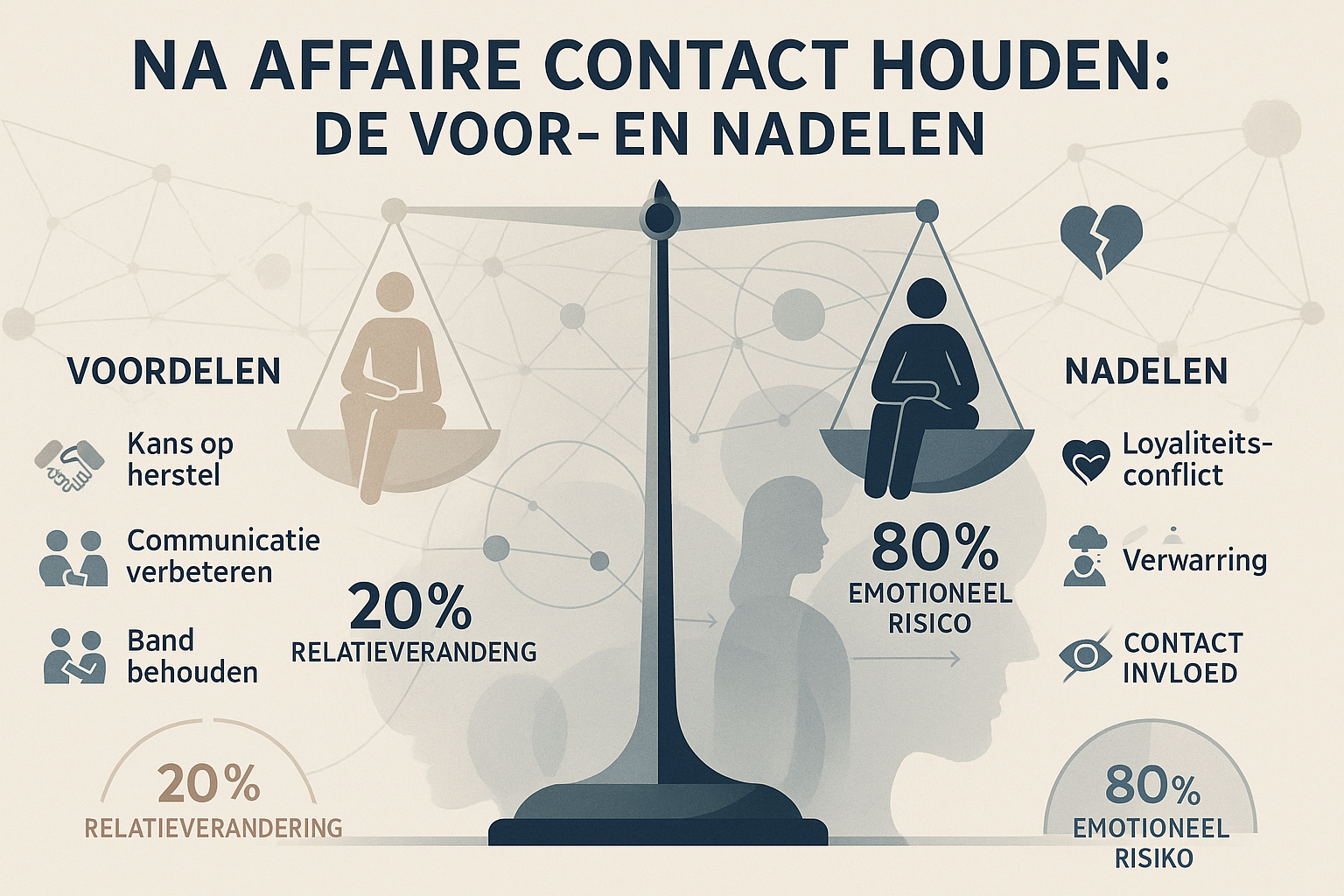 Detailed editorial-style infographic presenting 'Na Affaire Contact Houden: De Voor- en Nadelen' with a balanced, analytical design. Split g
