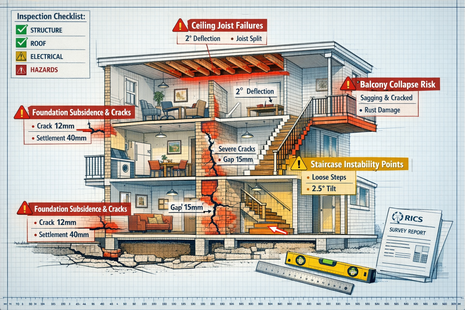 () detailed technical illustration showing cutaway cross-section view of multi-story rental building with labeled structural