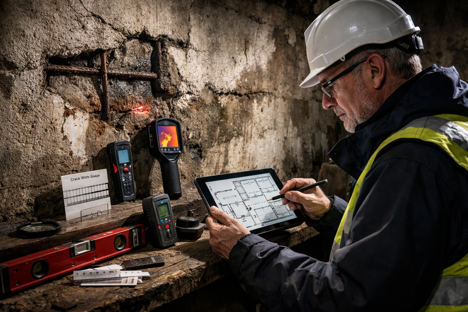 () professional photograph of experienced building surveyor conducting Level 3 structural assessment in deteriorating rental