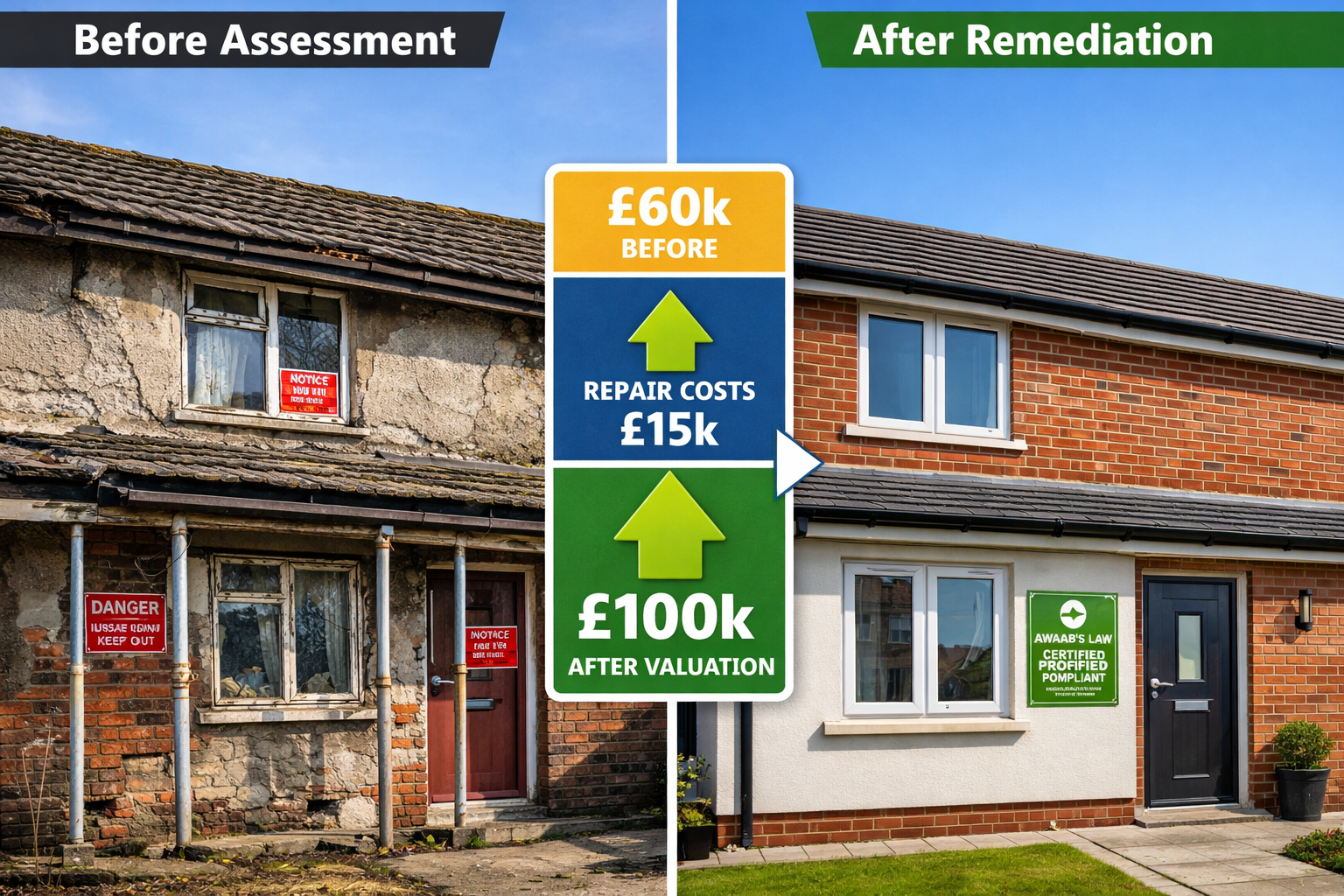 () split-screen comparison image showing 'Before Assessment' and 'After Remediation' of rental property structural repairs