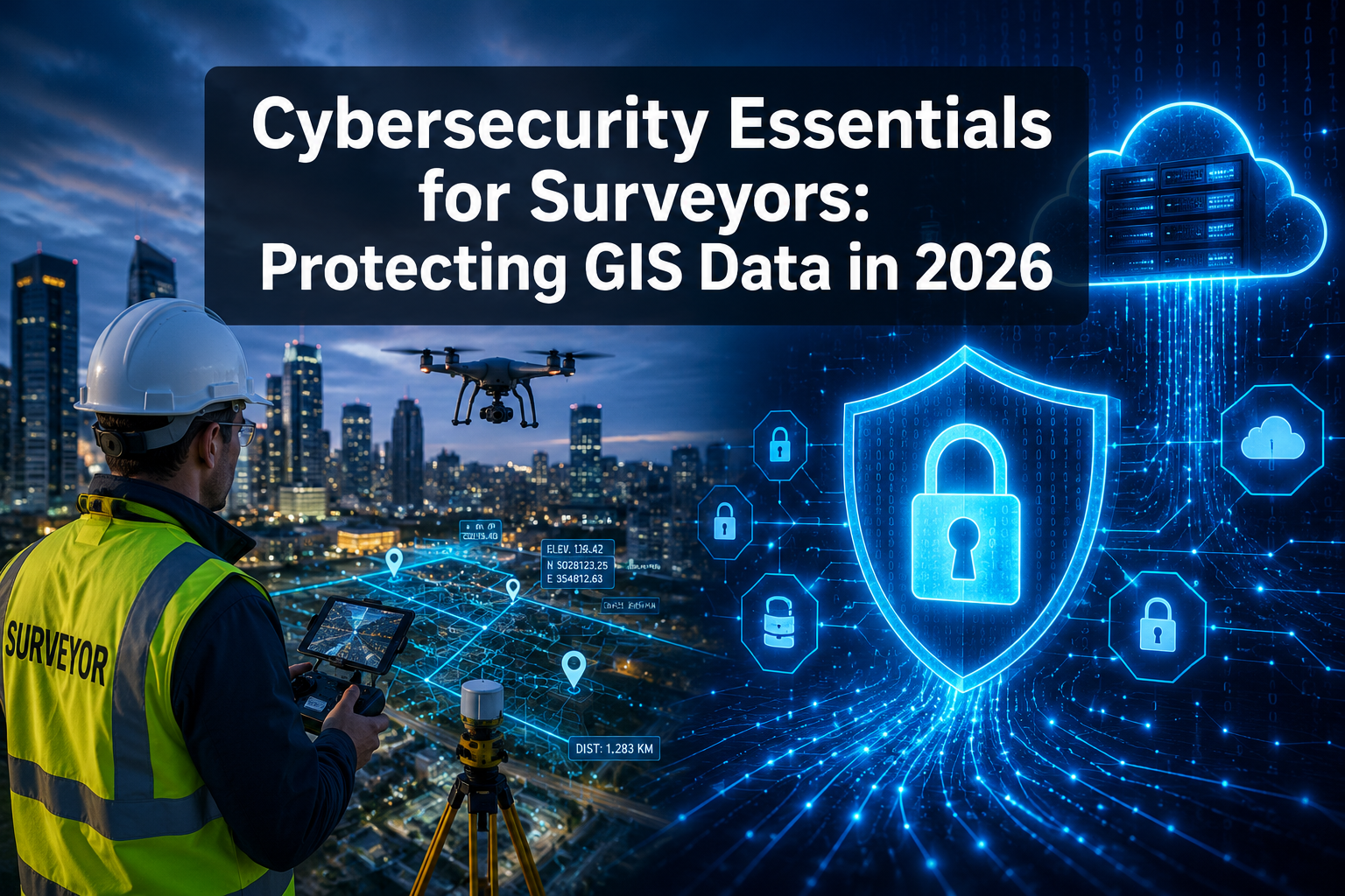 Professional () hero image with : 'Cybersecurity Essentials for Surveyors: Protecting GIS Data in 2026' in extra large white