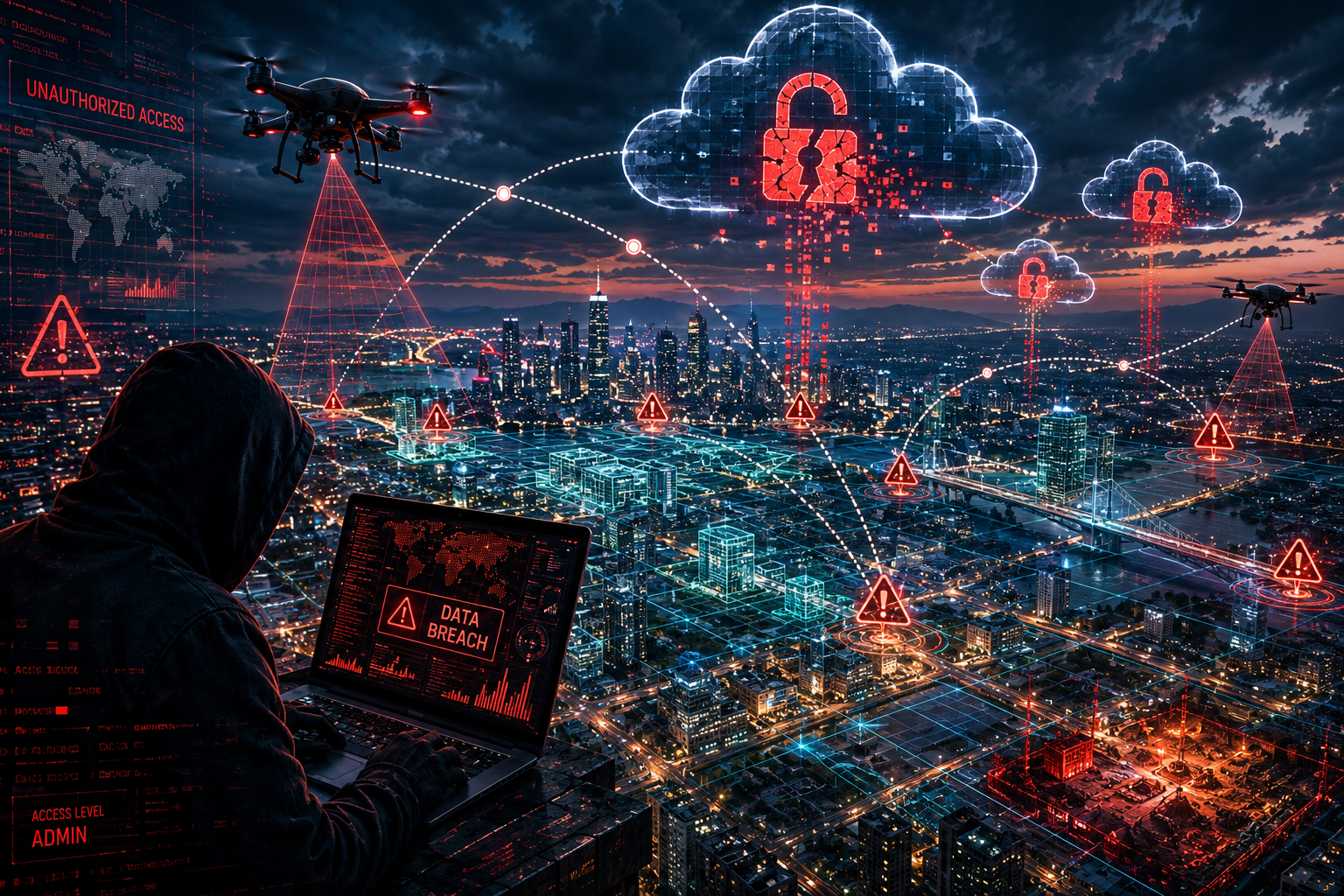 () editorial illustration showing a dramatic aerial perspective of a city with GIS mapping grid overlays, red warning icons