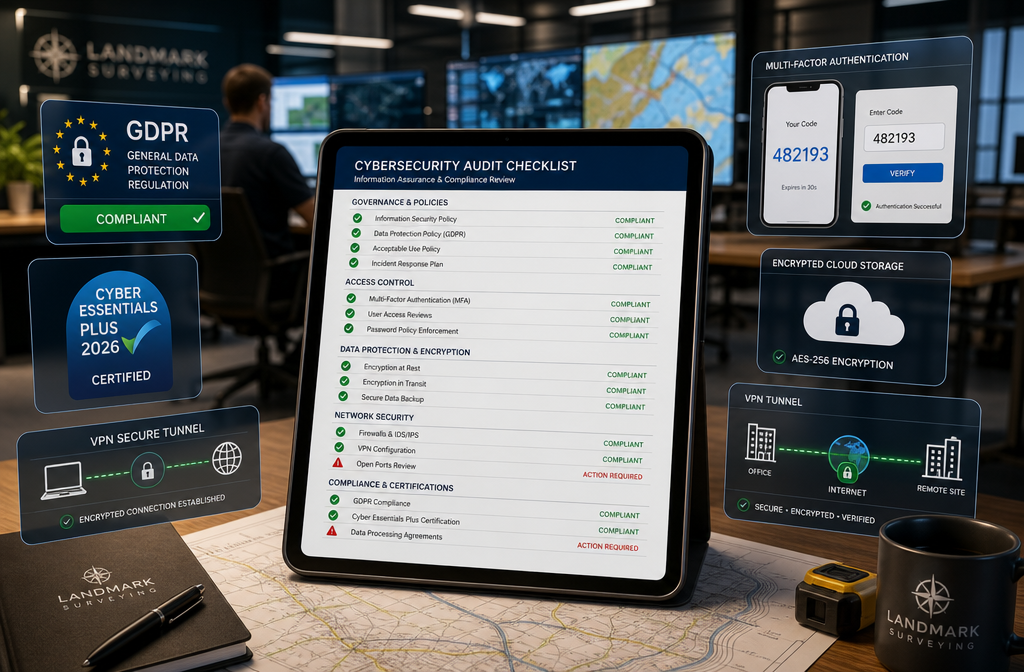 () showing a professional compliance checklist scene: a large digital tablet displaying a cybersecurity audit checklist with