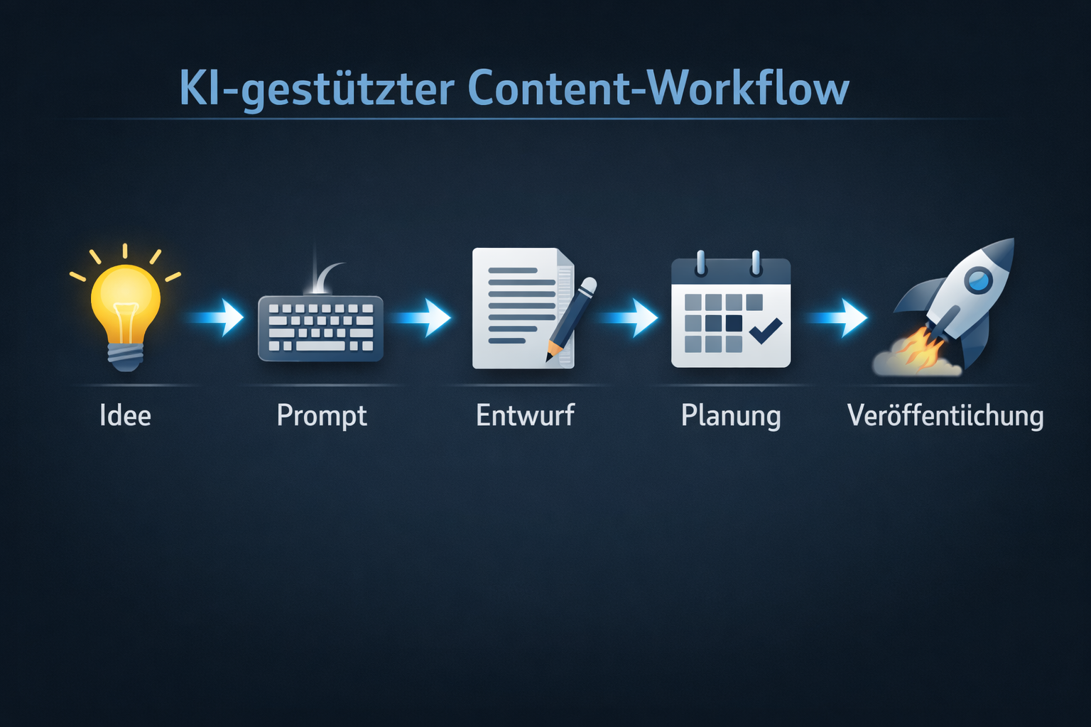 () infographic-style illustration showing a linear workflow diagram labeled 'KI-gestützter Content-Workflow' with five