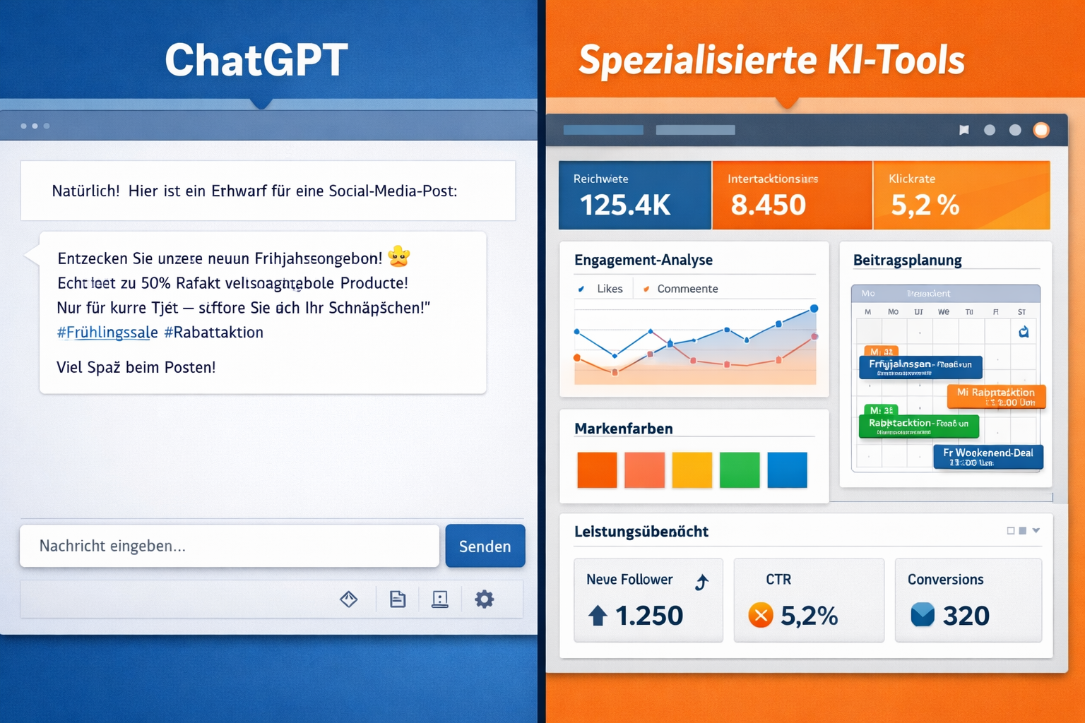 () split-screen comparison image labeled 'ChatGPT vs. Spezialisierte KI-Tools' showing left side: generic ChatGPT chat