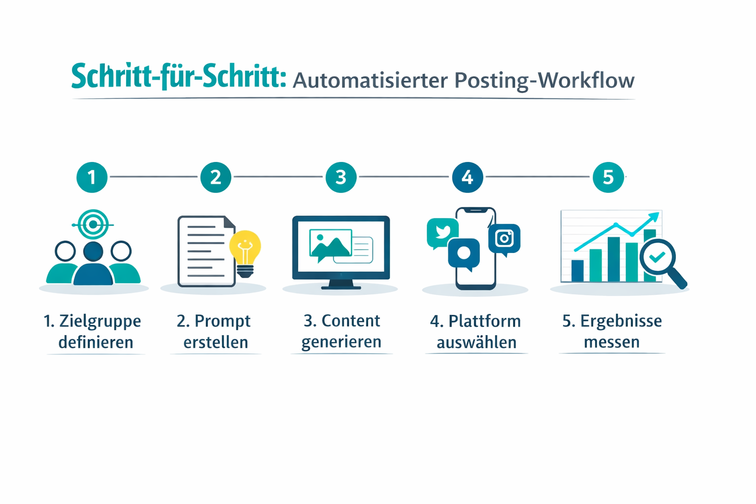 () step-by-step numbered checklist visual labeled 'Schritt-für-Schritt: Automatisierter Posting-Workflow' showing five